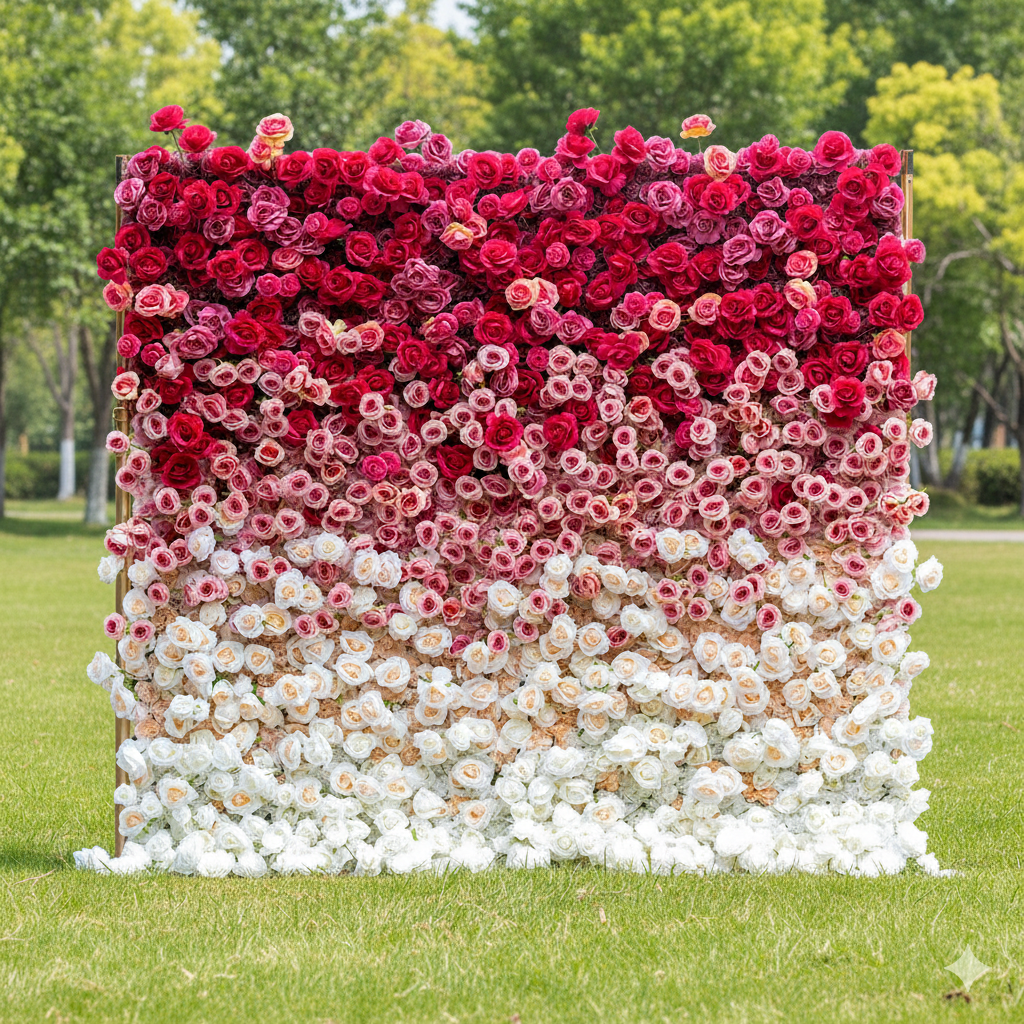Valar 꽃 롤업 패브릭 인공 빨간색 흰색 그라데이션 꽃 벽 웨딩 배경, 꽃 파티 장식, 이벤트 사진-VF-372