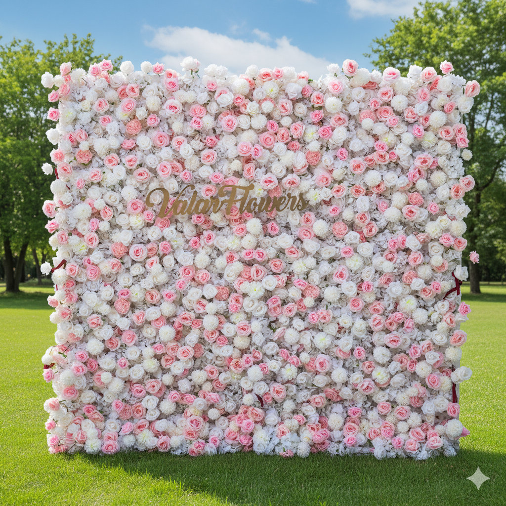 バラールフラワー ソフトピンクとホワイトローズ 5Dフラワーウォール – 結婚式や特別なイベントのためのロマンチックな背景 VF-409