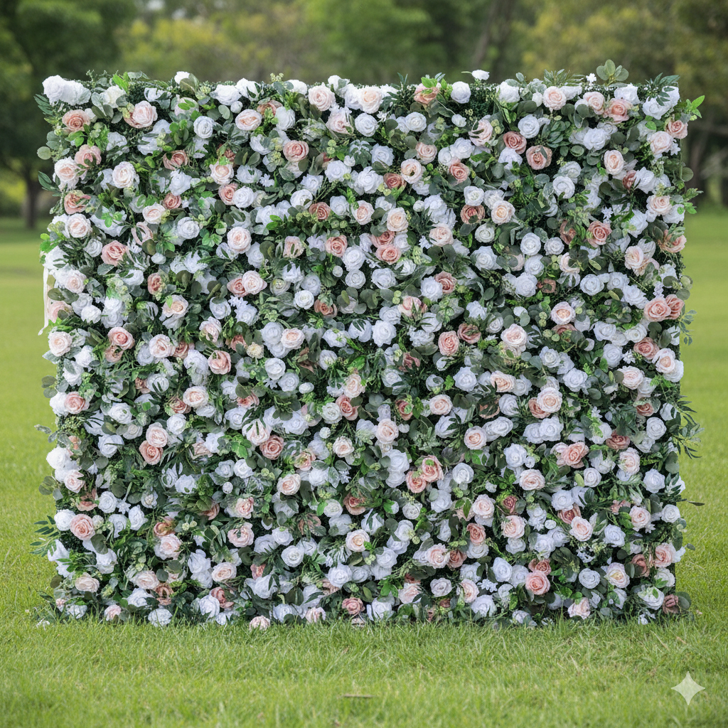 バラーフラワーブラッシュとホワイトローズ 5D フラワーウォール – 結婚式や特別なイベントの優雅な背景 VF-416