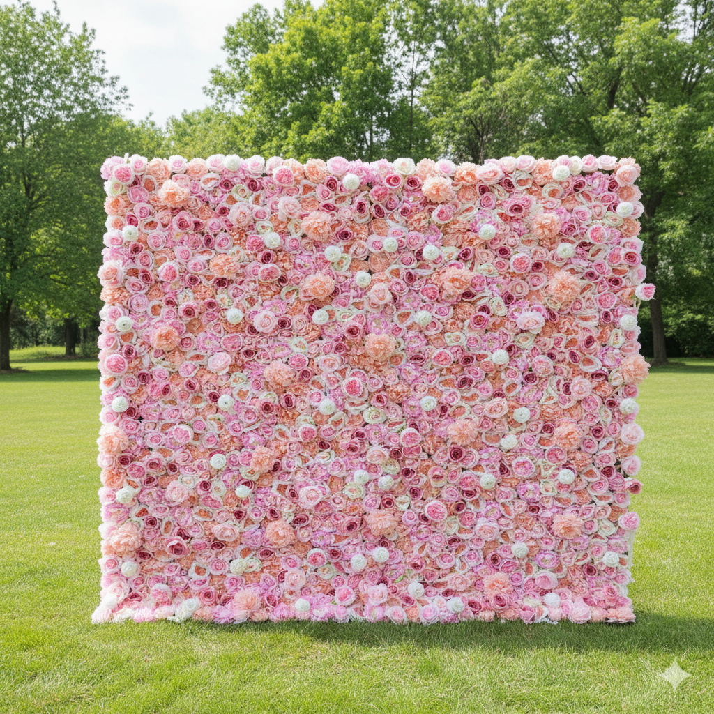 Valar 꽃 복숭아와 핑크 장미 5D 꽃 벽 – 결혼식과 축하 행사를 위한 완벽한 배경 VF-423