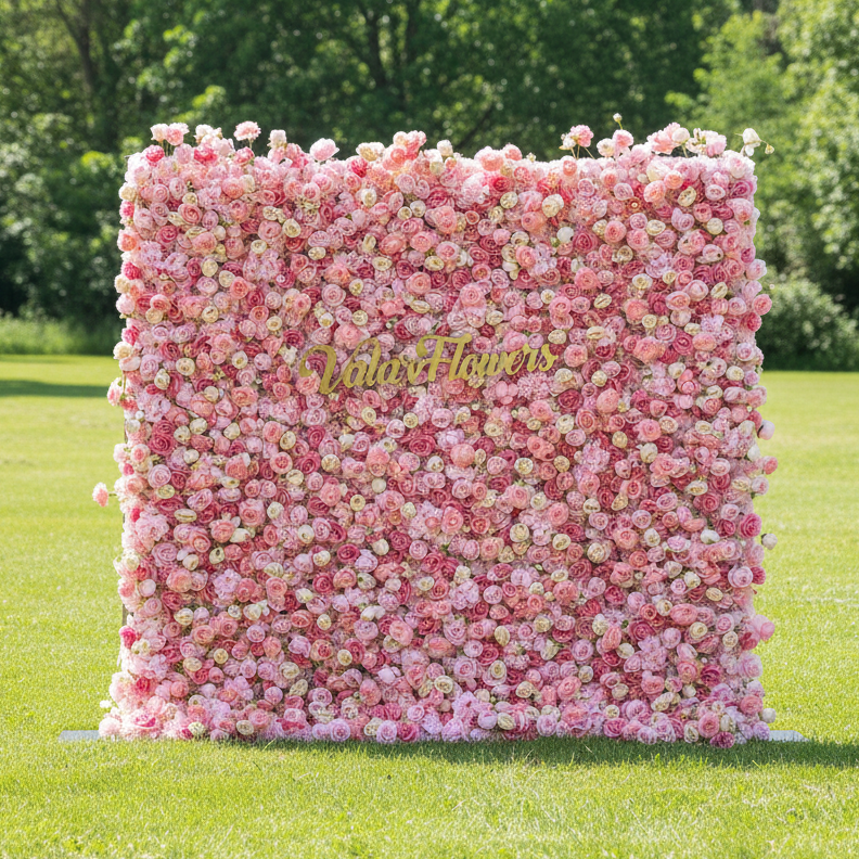 결혼식 및 파티 축하 장식을 위한 5D 핑크 로즈 롤업 꽃 벽 배경 VF-501