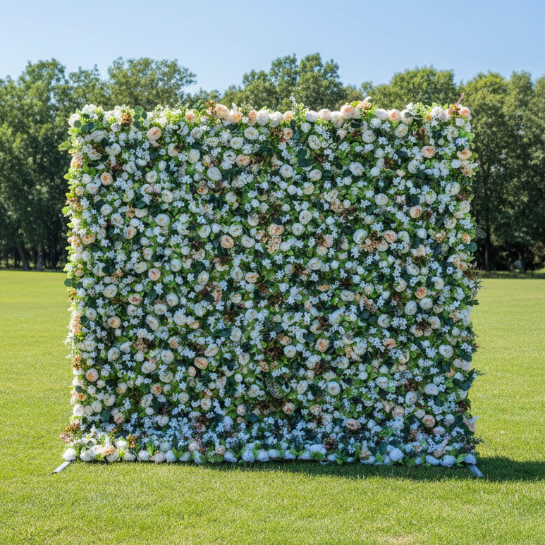 バラールフラワー ラッシュグリーンとホワイトローズ 5Dフラワーウォール – 結婚式やイベントのためのエレガントな自然の背景 VF-412