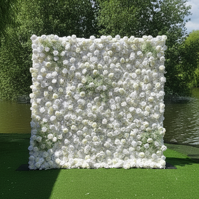 バラーフラワーエレガント5DハンドメイドDIYホワイトロールアップフラワーウォールバックドロップ - ブライダルパーティーデコール - ウェディング会場のお祝いフローラルウォール VF-340-3