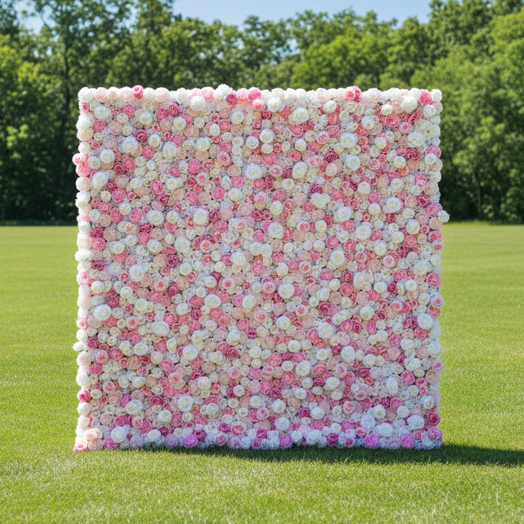 バラールフラワーズ ロールアップファブリック 人工ピンクとホワイトの花 壁 結婚式 バックドロップ、フローラルパーティーデコレーション、イベントフォトグラフィー-VF-058