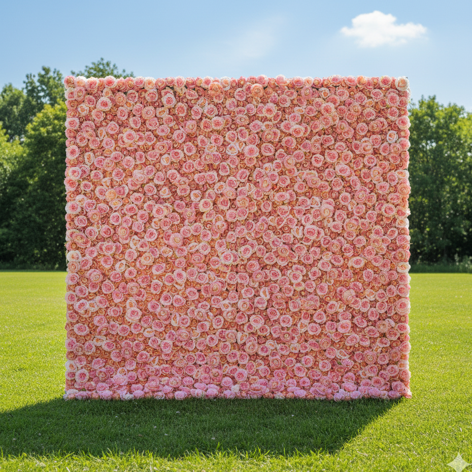 バラールフラワーズ ロールアップファブリック 人工トルコローズとオリエンタルピンクフラワーの壁用ウェディングバックドロップ、フローラルパーティーデコレーション、イベントフォトグラフィー - VF-054-2