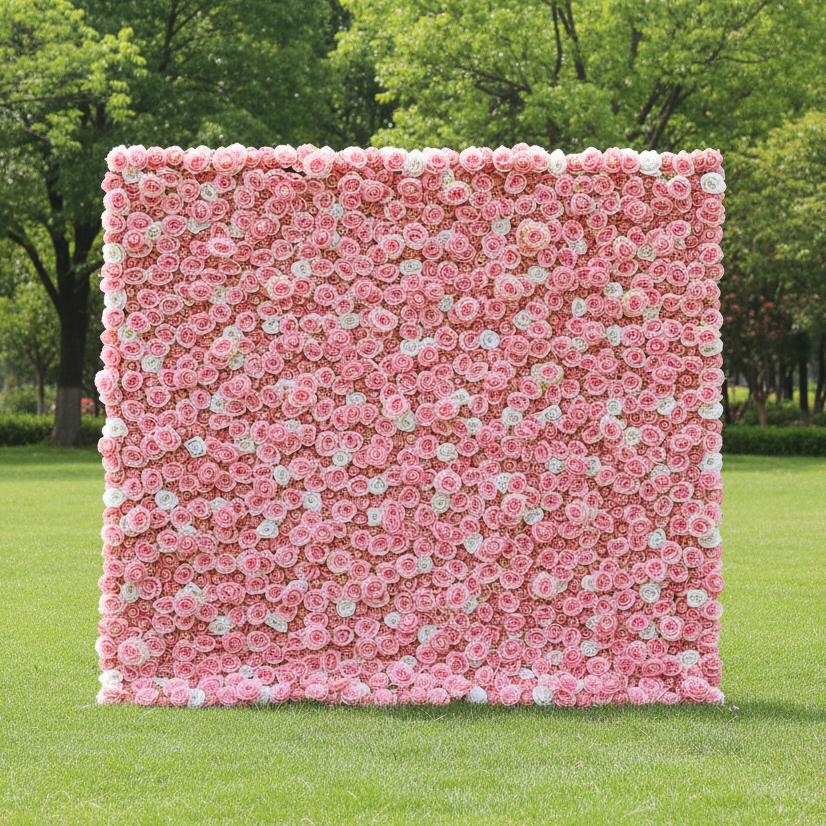 バラールフラワーズ ロールアップファブリック 人工トルコローズとオリエンタルピンクおよびホワイトフラワーの壁用ウェディングバックドロップ、フローラルパーティーデコレーション、イベントフォトグラフィー - VF-054