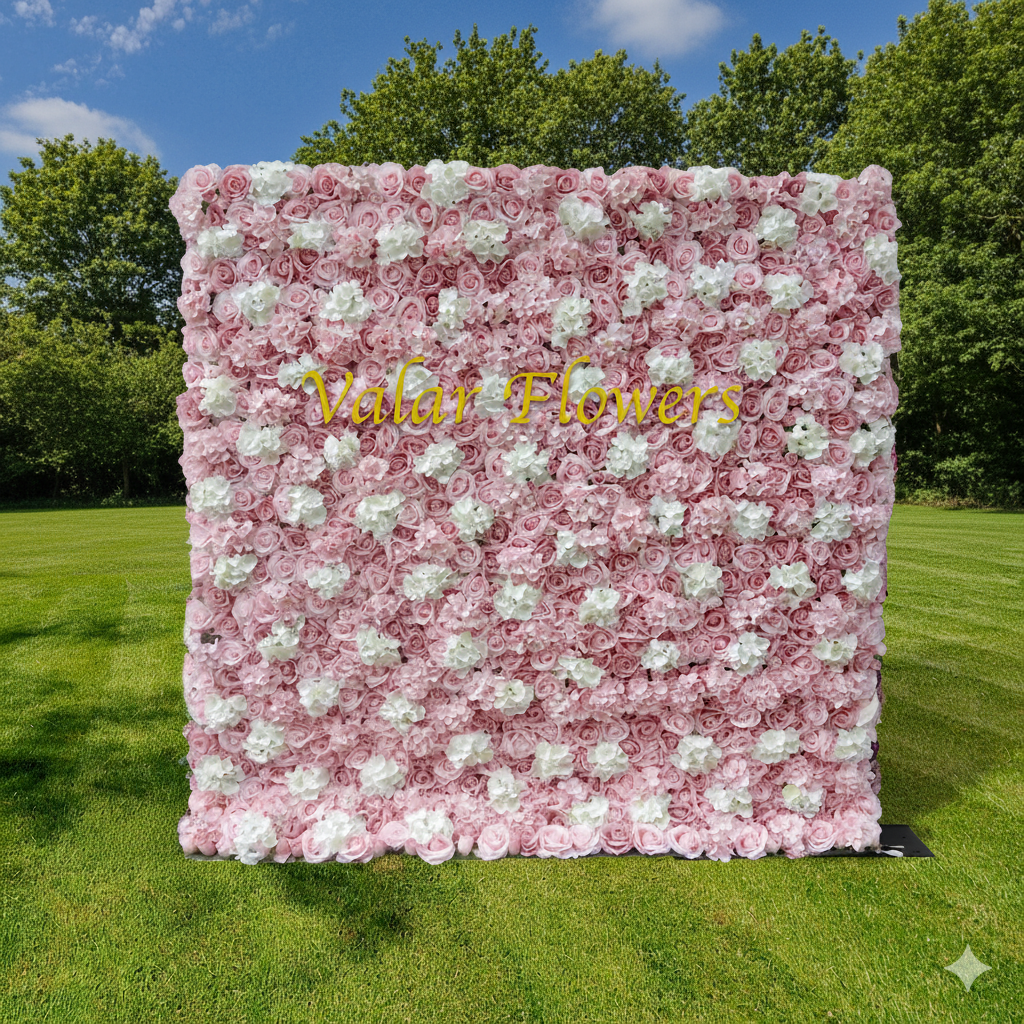 Valar 꽃 롤 패브릭 인공 핑크 장미 흰색 꽃 벽 웨딩 배경, 꽃 파티 장식, 이벤트 사진-VF-047-2