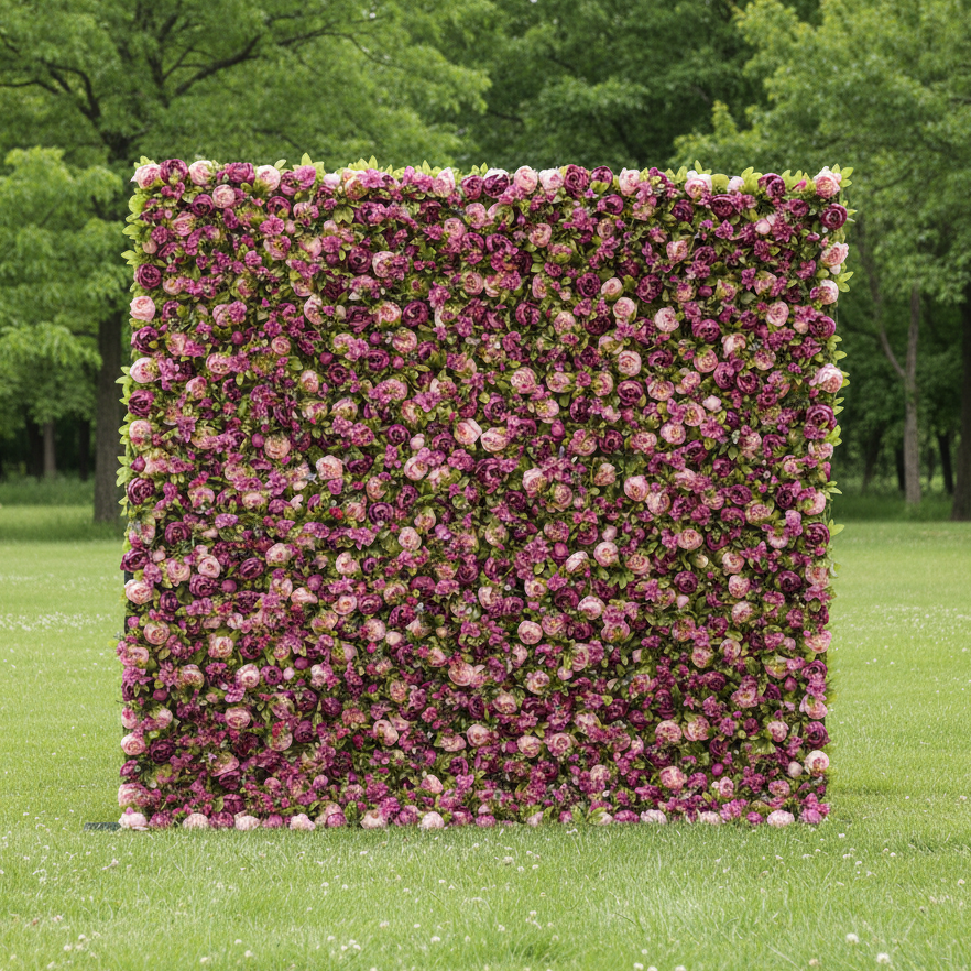 バラールフラワーズ ロールアップファブリック 人工トルコローズとライトオーキッドカラー、淡いオリーブグリーンの葉 花壁 結婚式バックドロップ、フローラルパーティーデコレーション、イベントフォトグラフィー - VF-001