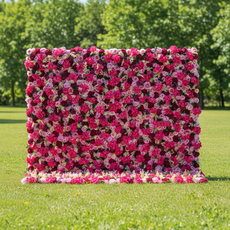 Valar 꽃 롤업 패브릭 인공 혼합 선홍색 핑크와 무딘 핑크 꽃 벽 웨딩 배경, 꽃 파티 장식, 이벤트 사진-VF-061