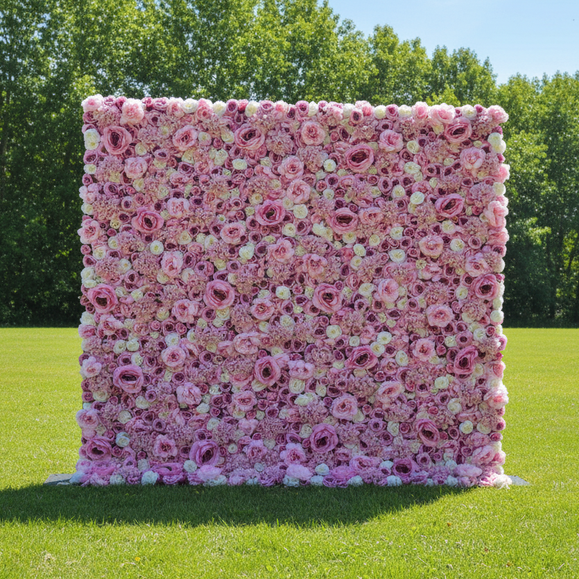 Valar 꽃 롤 패브릭 인공 믹스 보라색 장미와 흰색 꽃 벽 웨딩 배경, 꽃 파티 장식, 이벤트 사진-VF-048-3