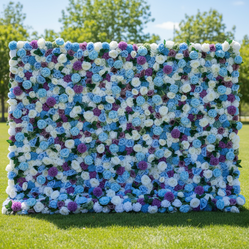 Valar 꽃 롤 패브릭 인공 믹스 보라색 흰색과 파란색 꽃 벽 웨딩 배경, 꽃 파티 장식, 이벤트 사진-VF-036