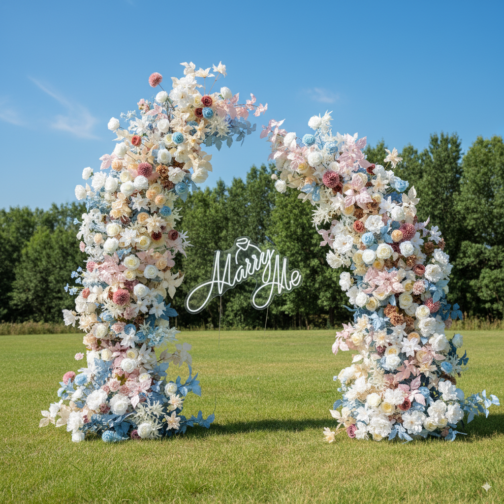 Eleganter Blumenbogen in Mondform für die Hochzeitszeremonie – Künstlicher Blumenbogen für Hochzeiten, Veranstaltungen und besondere Anlässe