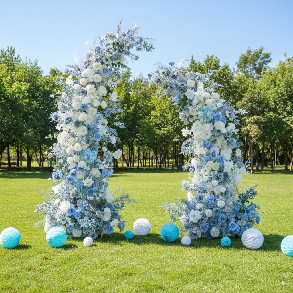 Light Blue Theme Elegant Moon Shape Wedding Ceremony Floral Horn Arch - Artificial Flower Arch for Weddings, Events, and Special Occasions VA-301