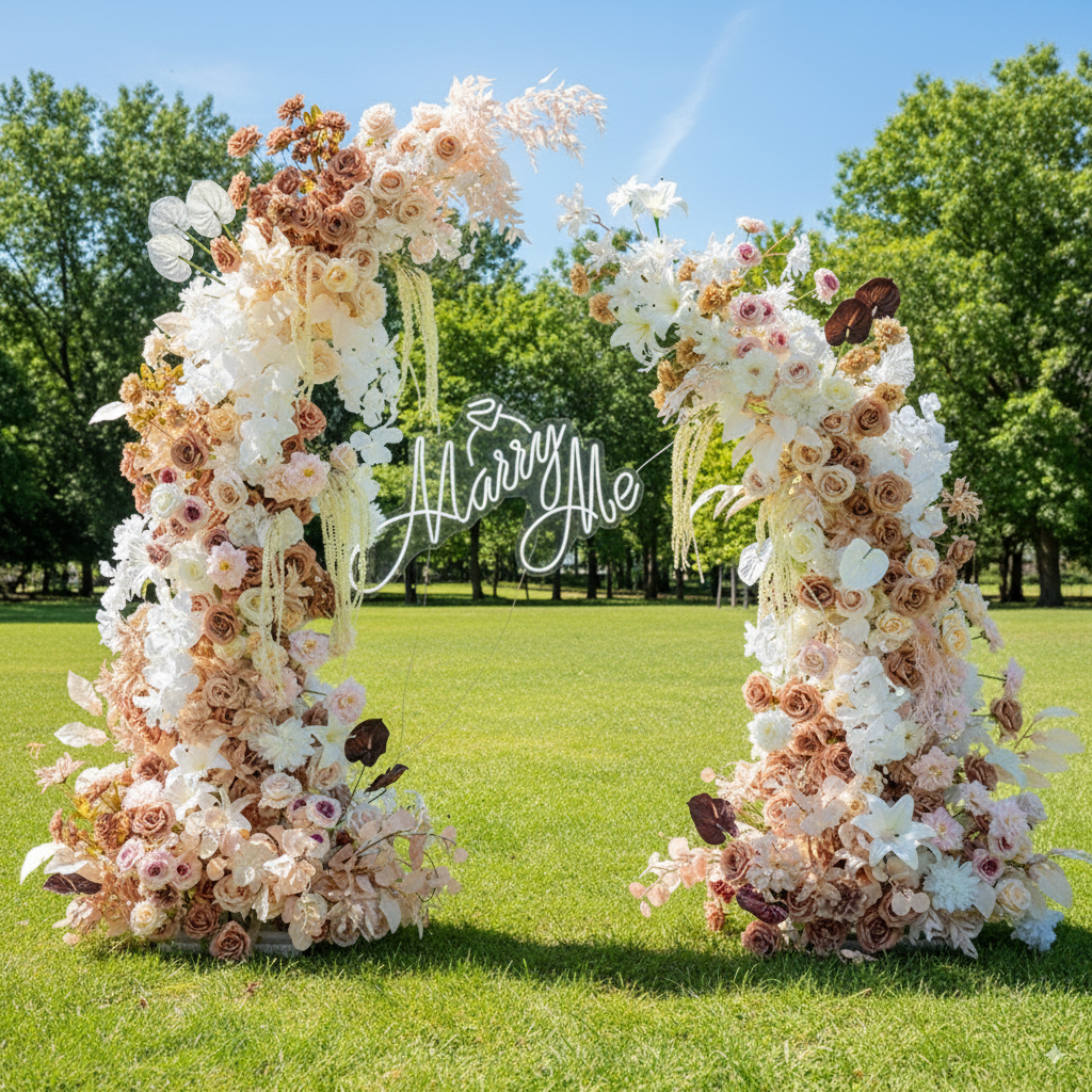 コーヒーブラウンテーマ エレガントな月形ウェディングセレモニーフローラルホーンアーチ - 結婚式、イベント、特別な occasion のための人工花アーチ VA-303