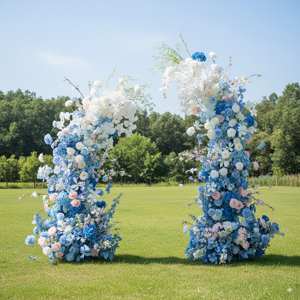 Blue-Pink Theme Elegant Moon Shape Wedding Ceremony Floral Horn Arch - Artificial Flower Arch for Weddings, Events, and Special Occasions VA-309