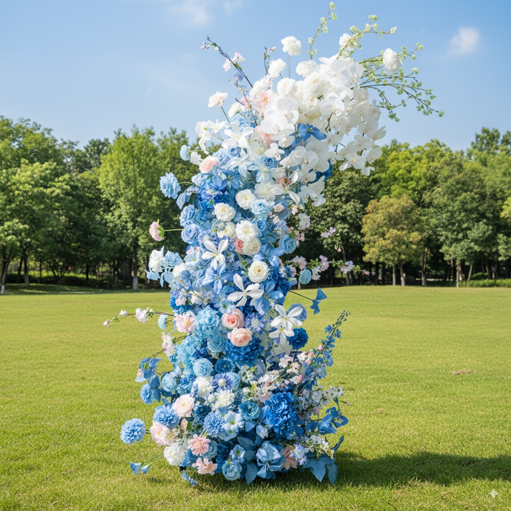 Blue-Pink Theme Elegant Moon Shape Wedding Ceremony Floral Horn Arch - Artificial Flower Arch for Weddings, Events, and Special Occasions VA-309