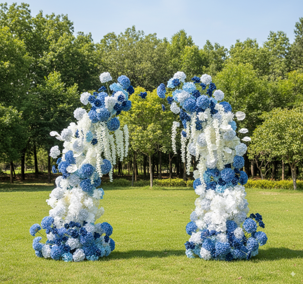Blue Elegant Moon Shape Wedding Ceremony Floral Horn Arch - Artificial Flower Arch for Weddings, Events, and Special Occasions VA-312