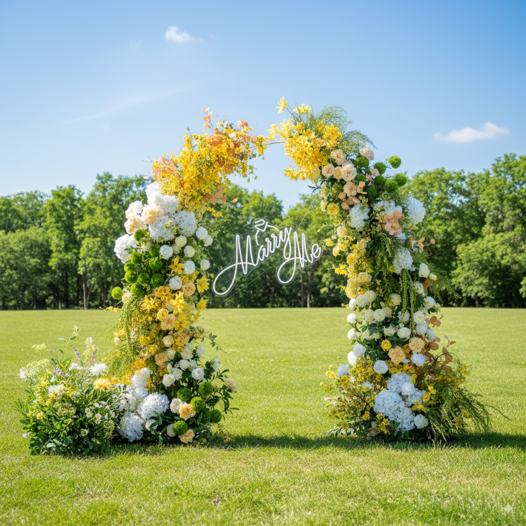 Floral arch with 'Always' sign on a grassy field with trees in the background