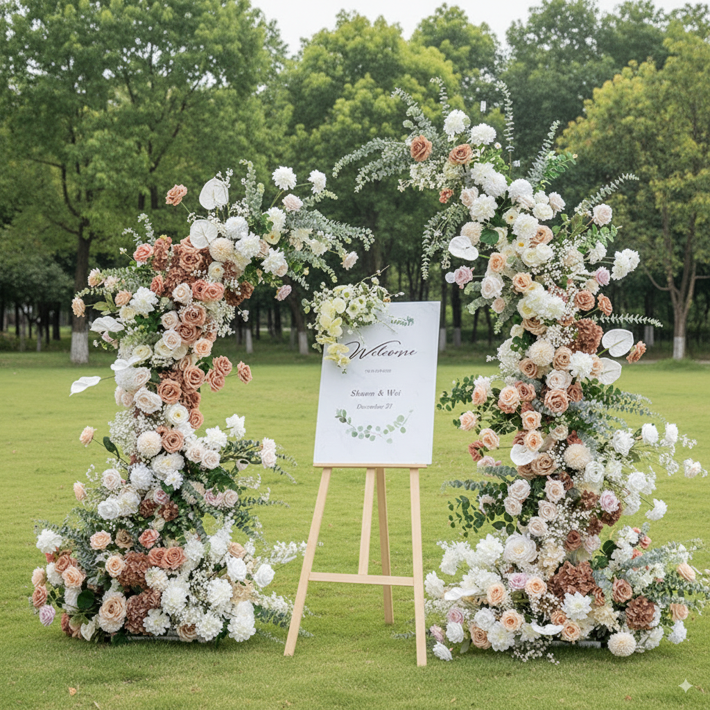 قوس قرن زهري أنيق على شكل قمر بلون القهوة على الطراز الأوروبي - قوس زهور صناعية للزفاف، الفعاليات، والمناسبات الخاصة VA-316