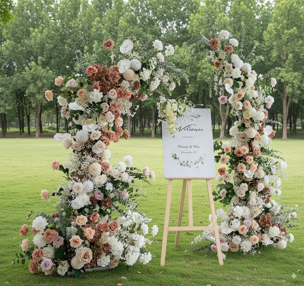 قوس قرن زهري أنيق على شكل قمر بلون القهوة على الطراز الأوروبي - قوس زهور صناعية للزفاف، الفعاليات، والمناسبات الخاصة VA-316