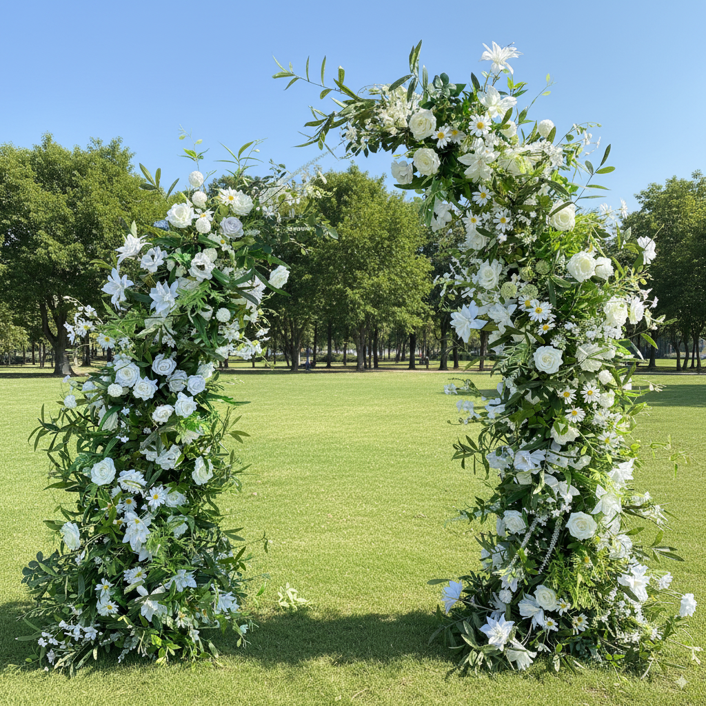 Floral arches decorated with white flowers and greenery on a grassy field.