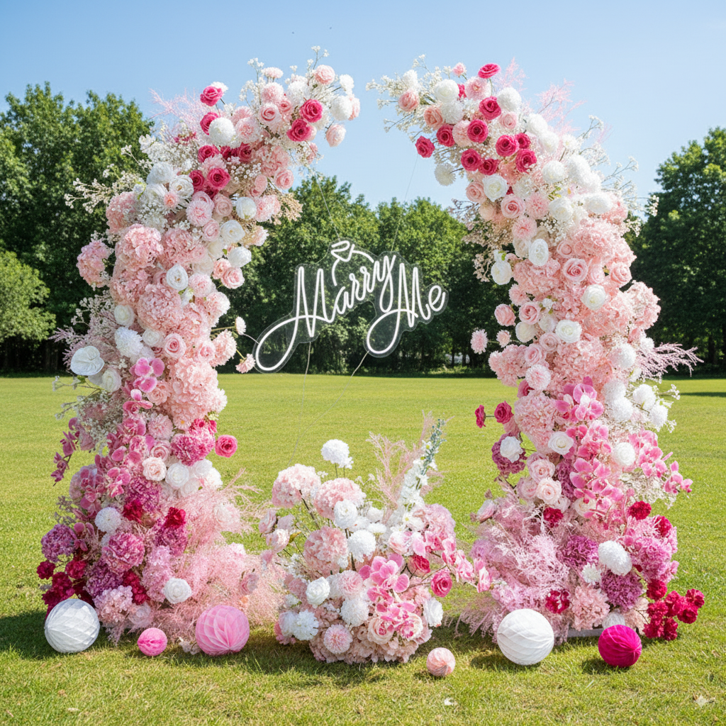 Arche florale élégante en forme de lune pour cérémonie de mariage - Arche de fleurs artificielles pour mariages, événements et occasions spéciales