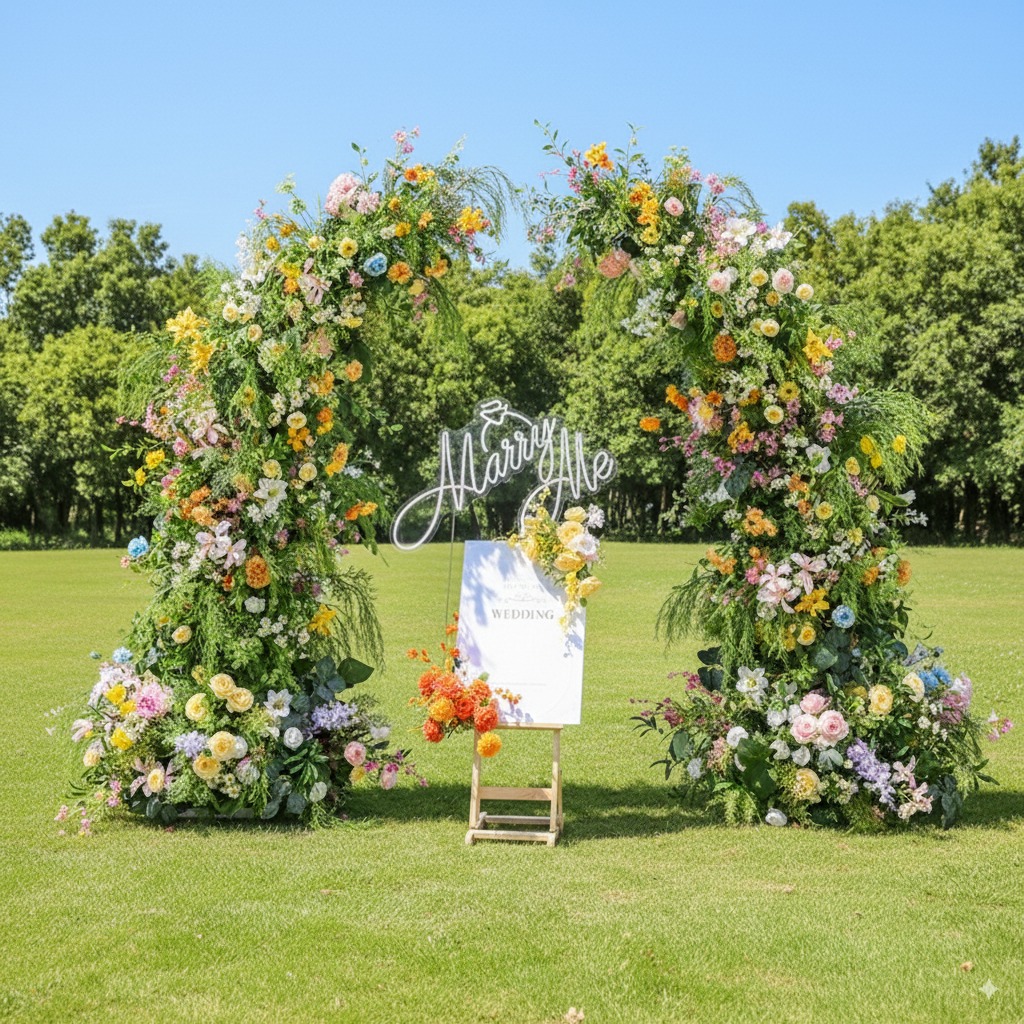 Arche florale élégante en forme de lune pour cérémonie de mariage - Arche de fleurs artificielles pour mariages, événements et occasions spéciales