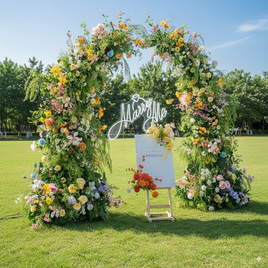 Arche florale élégante en forme de lune pour cérémonie de mariage - Arche de fleurs artificielles pour mariages, événements et occasions spéciales