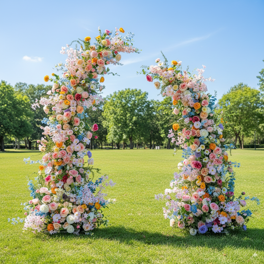 Two floral arches on a grassy field with trees in the background