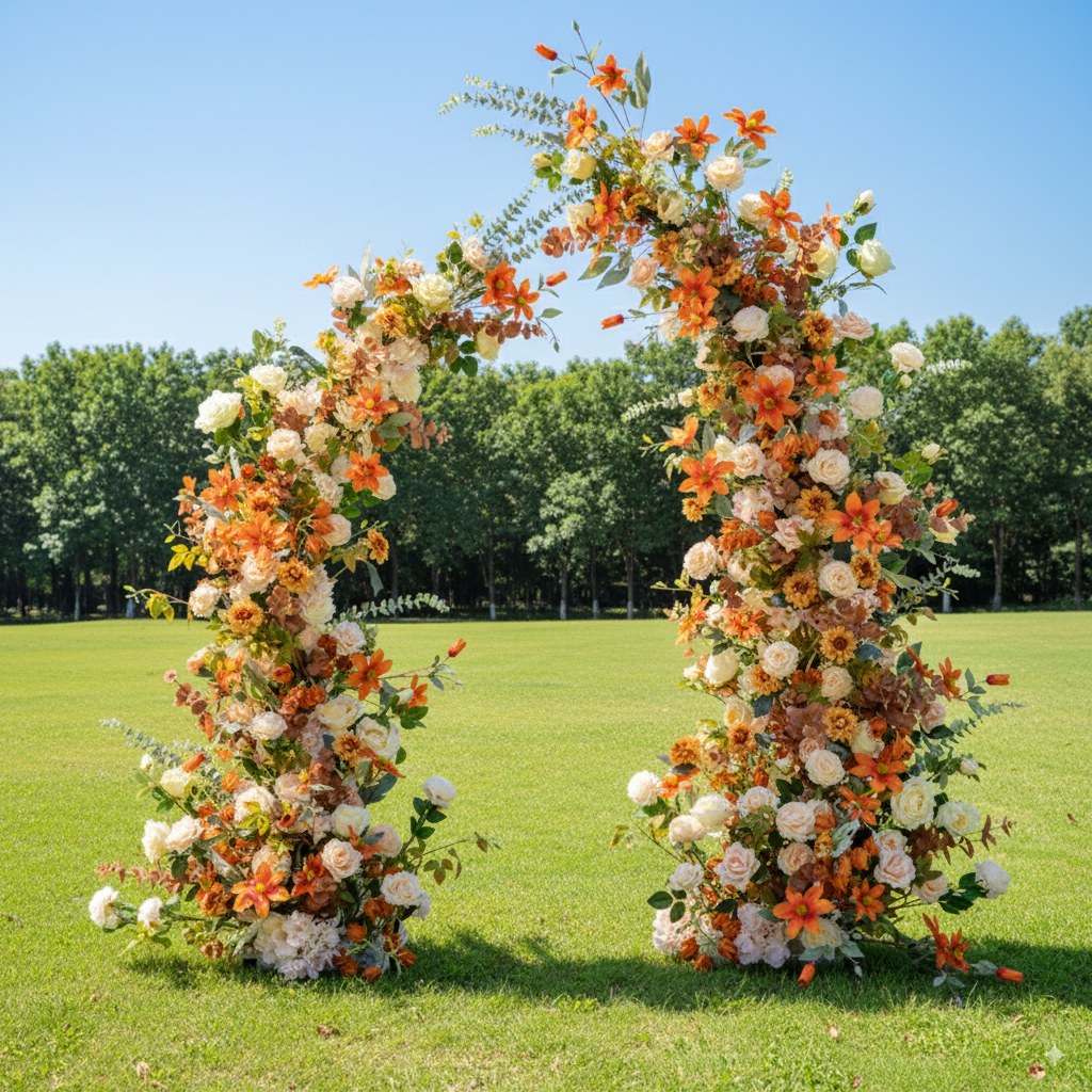Valar Autumn Harvest Horn Arch, Artificial Floral Backdrop, Warm-Toned Wedding Ceremony Decor, Rustic Event Photography Prop VA-346