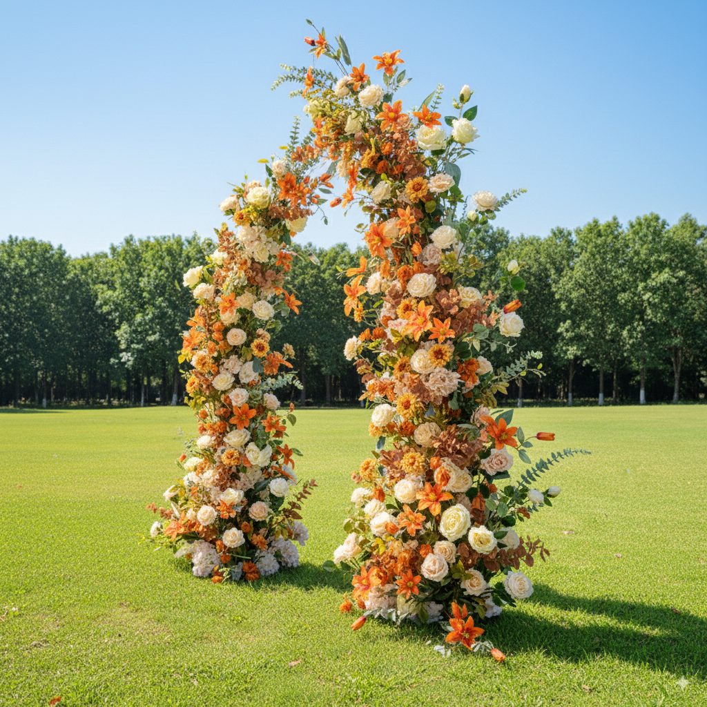 Valar Autumn Harvest Horn Arch, Artificial Floral Backdrop, Warm-Toned Wedding Ceremony Decor, Rustic Event Photography Prop VA-346