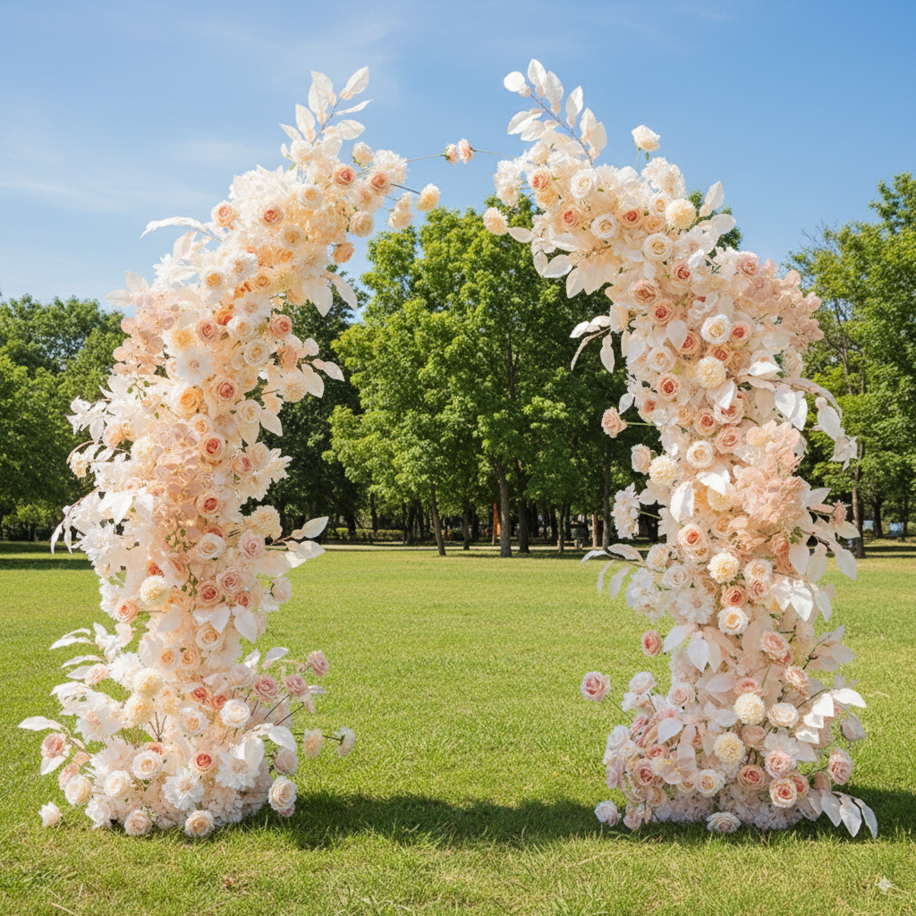ホワイトローズのボタニカルホーンアーチ – ガーデンウェディングとフォトシュート用の人工花構造 VA-365