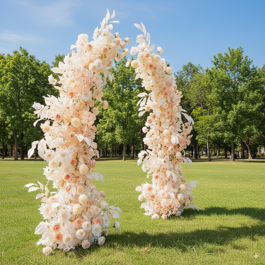 ホワイトローズのボタニカルホーンアーチ – ガーデンウェディングとフォトシュート用の人工花構造 VA-365