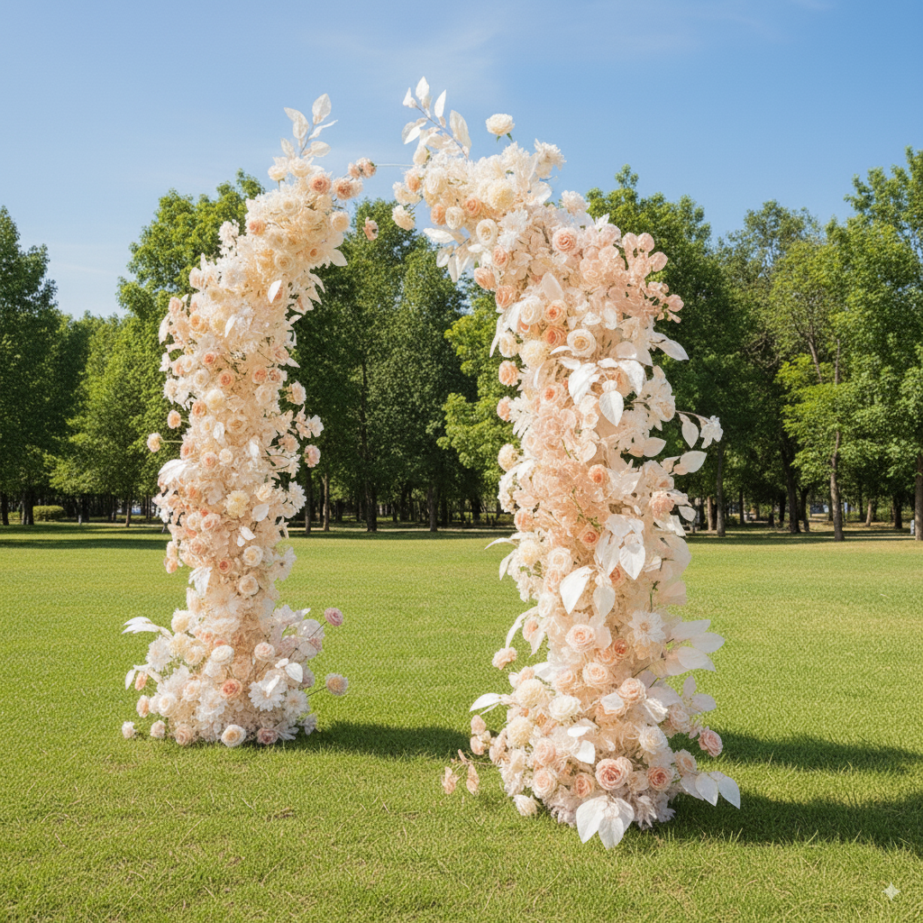 ホワイトローズのボタニカルホーンアーチ – ガーデンウェディングとフォトシュート用の人工花構造 VA-365