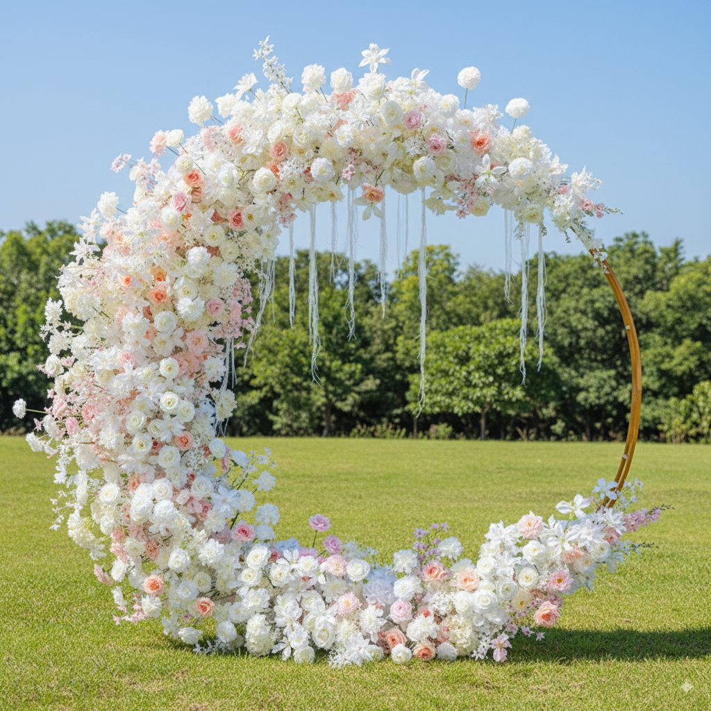 우아한 달 모양 결혼식 꽃 아치 - 결혼식, 행사 및 특별 행사를 위한 인공 꽃 아치