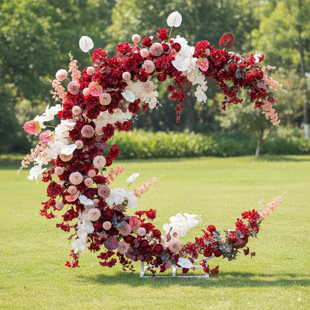 Eleganter Blumenbogen in Mondform für die Hochzeitszeremonie – Künstlicher Blumenbogen für Hochzeiten, Veranstaltungen und besondere Anlässe