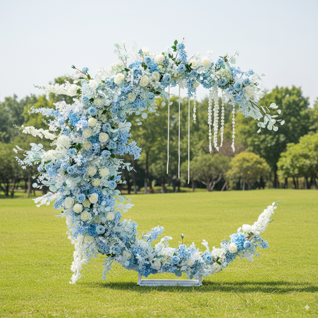 Eleganter Blumenbogen in Mondform für die Hochzeitszeremonie – Künstlicher Blumenbogen für Hochzeiten, Veranstaltungen und besondere Anlässe