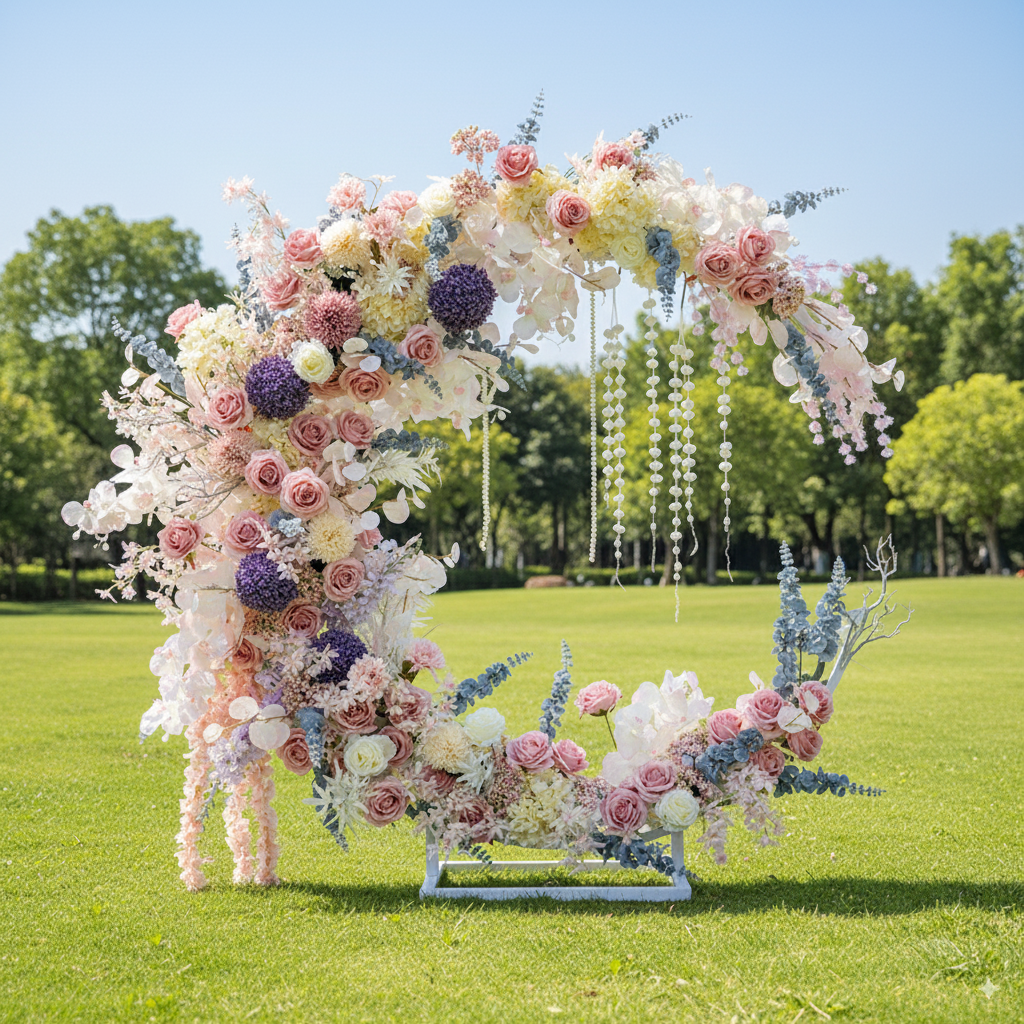 Arche florale élégante en forme de lune pour cérémonie de mariage - Arche de fleurs artificielles pour mariages, événements et occasions spéciales