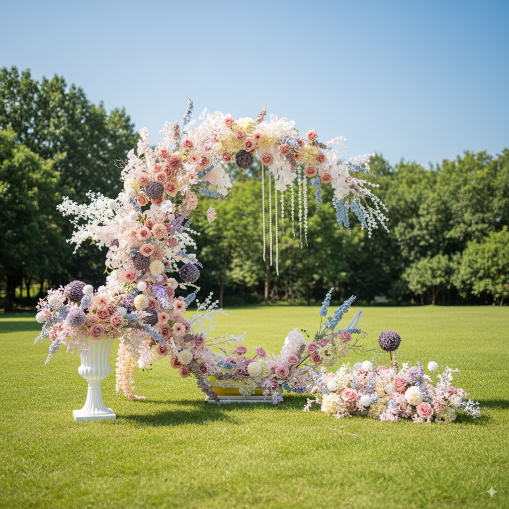 Arche florale élégante en forme de lune pour cérémonie de mariage - Arche de fleurs artificielles pour mariages, événements et occasions spéciales