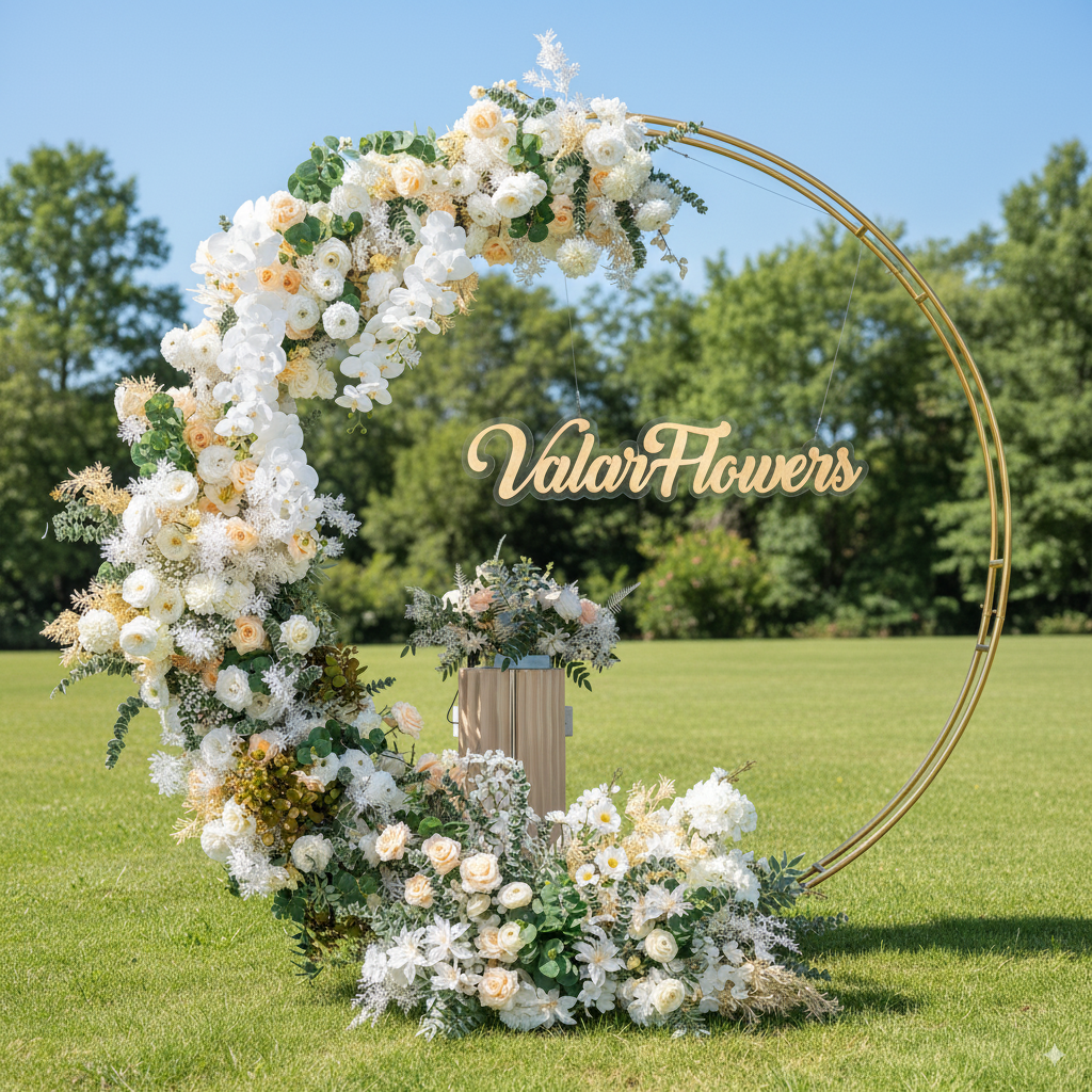 Arche florale élégante en forme de lune pour cérémonie de mariage - Arche de fleurs artificielles pour mariages, événements et occasions spéciales