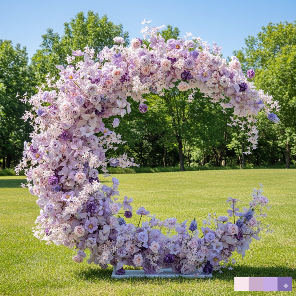 Arco en forma de luna púrpura pastel con flores de seda, instalación floral falsa romántica para ocasiones especiales VA-355
