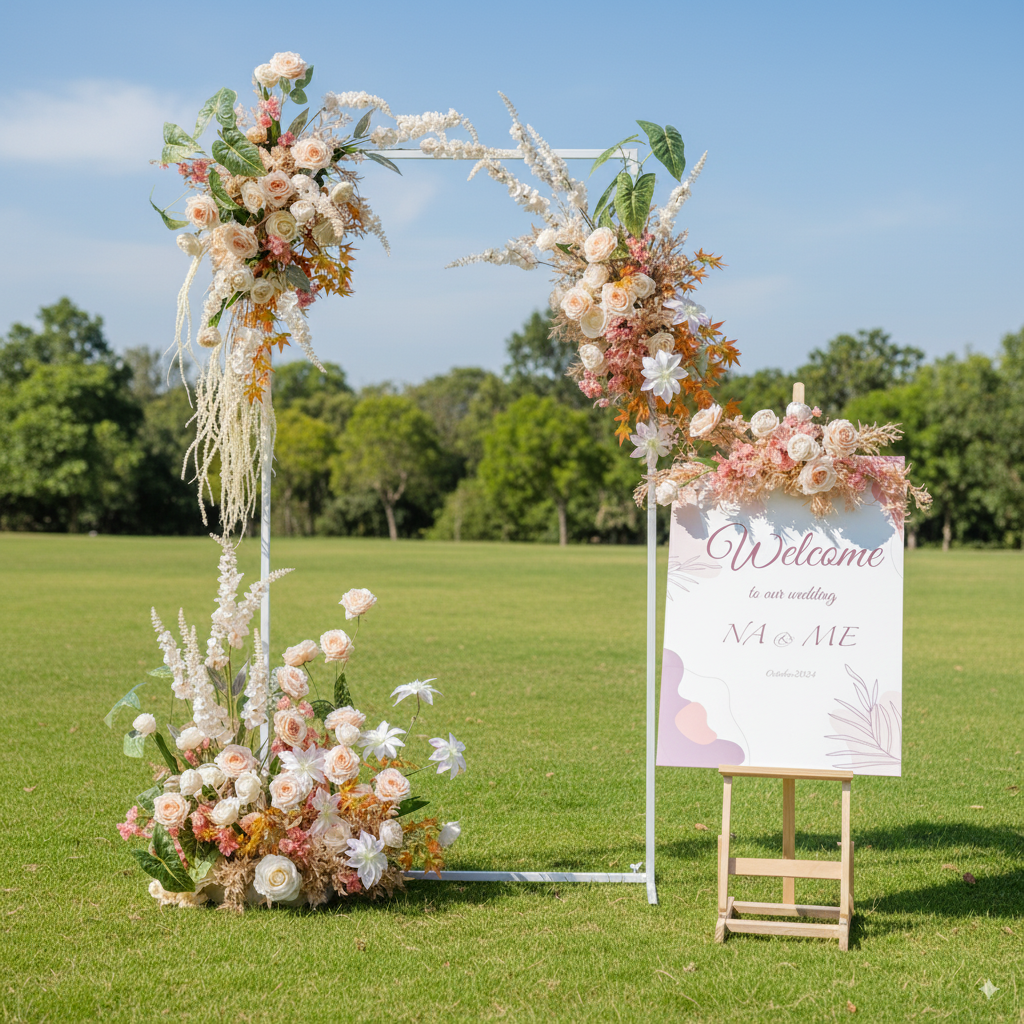 Champagne Floral Arch and Centerpieces, Artificial Wedding Backdrop, Engagement Party Decor, Event Signage FA-206