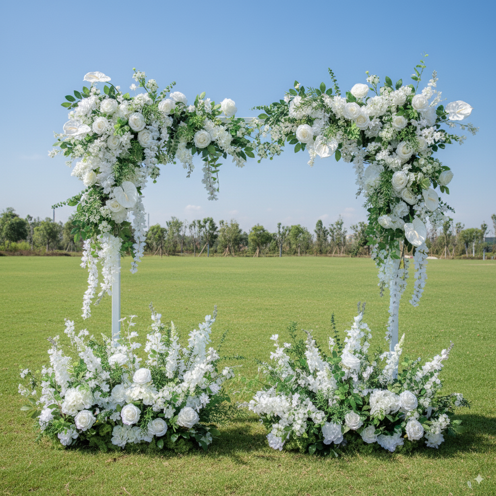 Classic All-White Faux Flower Arch with Greenery – Wedding Backdrop for Indoor & Outdoor Use FA-261