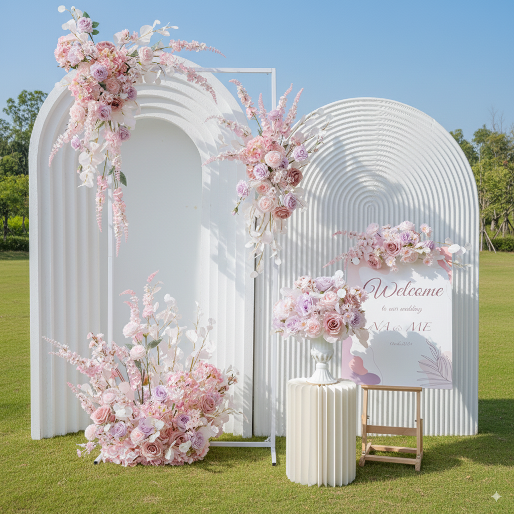 ピンクフローラルアーチと柱セット、人工花の結婚式バックドロップ、エンゲージメントプロポーズデコール、イベントフォトグラフィー FA-201