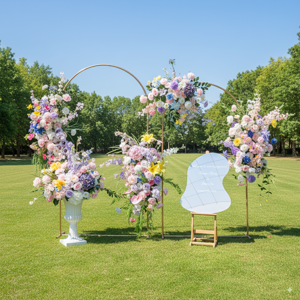 エレガントな青と白の花柄ウェディングアーチ、人工花のアレンジメント、セレモニーバックドロップ&イベント装飾 FA-211