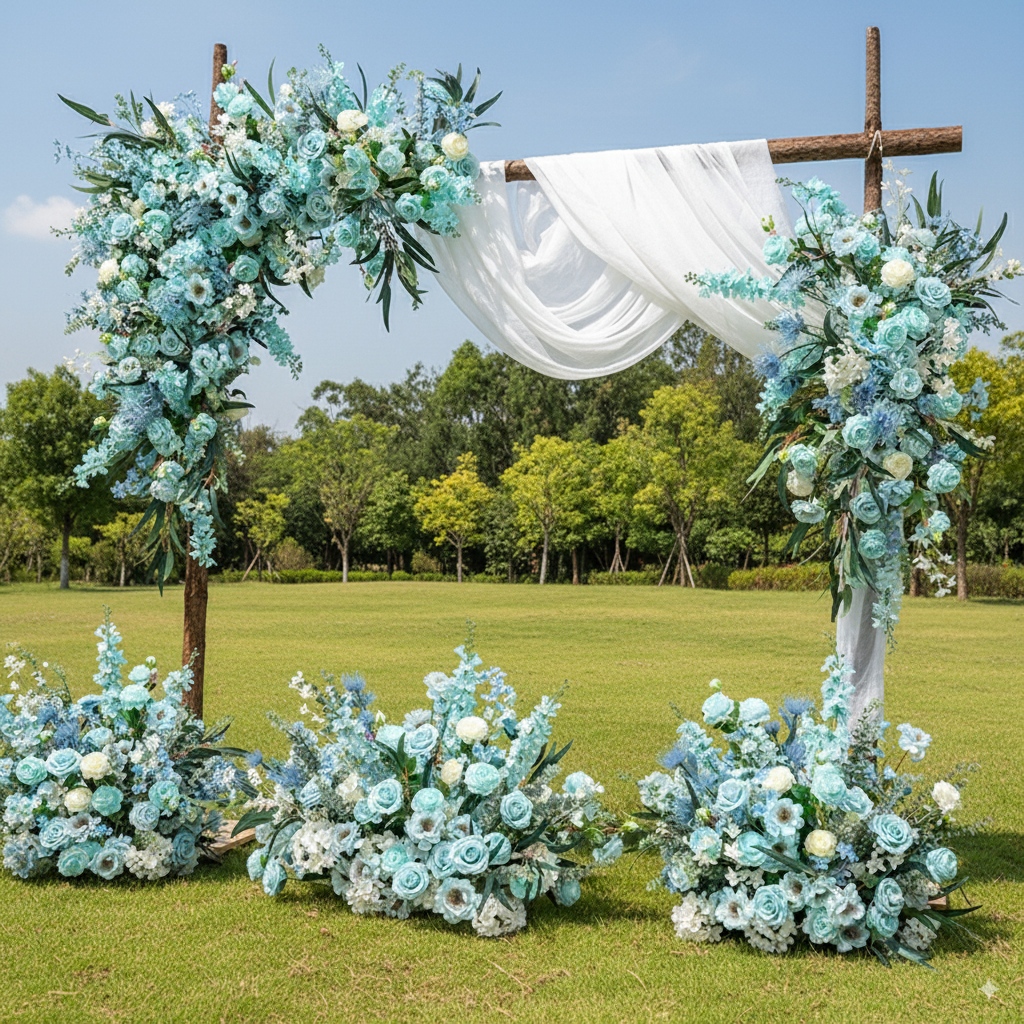 Conjunto de Arco de Boda Artificial en Azul Menta y Blanco – Fondo Floral Romántico para Bodas en la Playa o en Verano FA-262