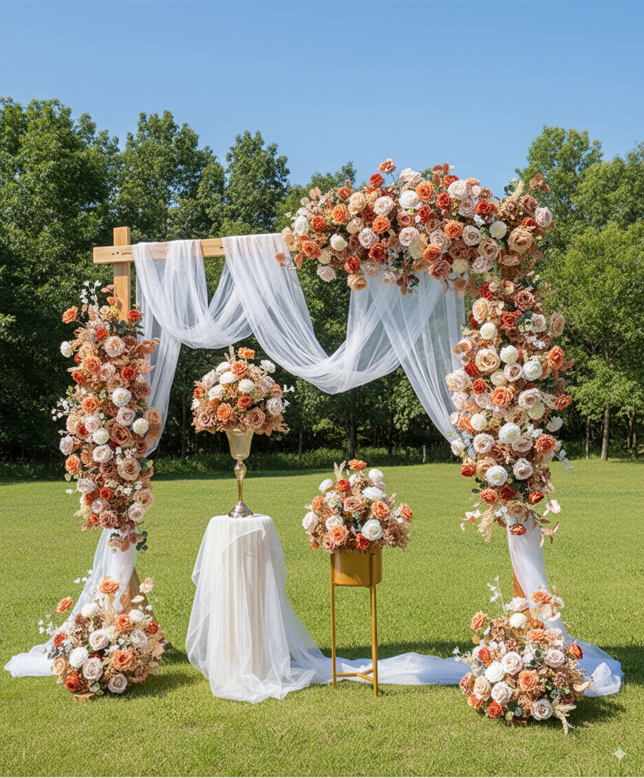 Pfirsich- und weiße Rosen-Hochzeitsbogen und -Mittelstücke, künstliche Blumen-Hochzeitsdekoration, Brautparty-Dekor FA-203