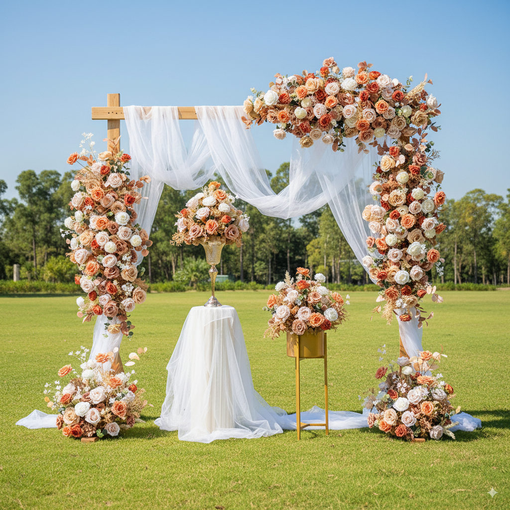 Pfirsich- und weiße Rosen-Hochzeitsbogen und -Mittelstücke, künstliche Blumen-Hochzeitsdekoration, Brautparty-Dekor FA-203
