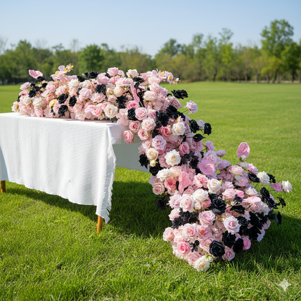 ブラッシュピンクとブラックローズのテーブルランナー、ウェディングやイベント装飾のためのモダンな人工花アレンジメント FA-237