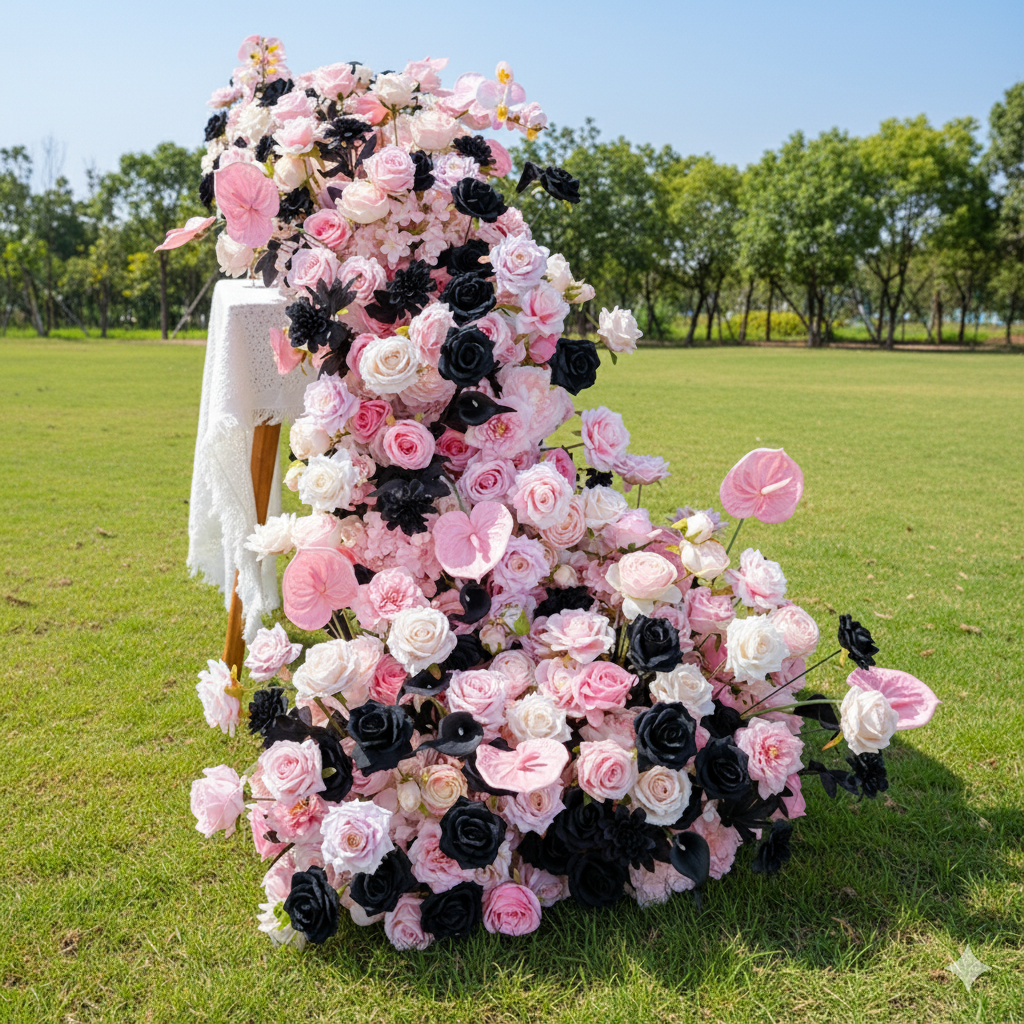 ブラッシュピンクとブラックローズのテーブルランナー、ウェディングやイベント装飾のためのモダンな人工花アレンジメント FA-237